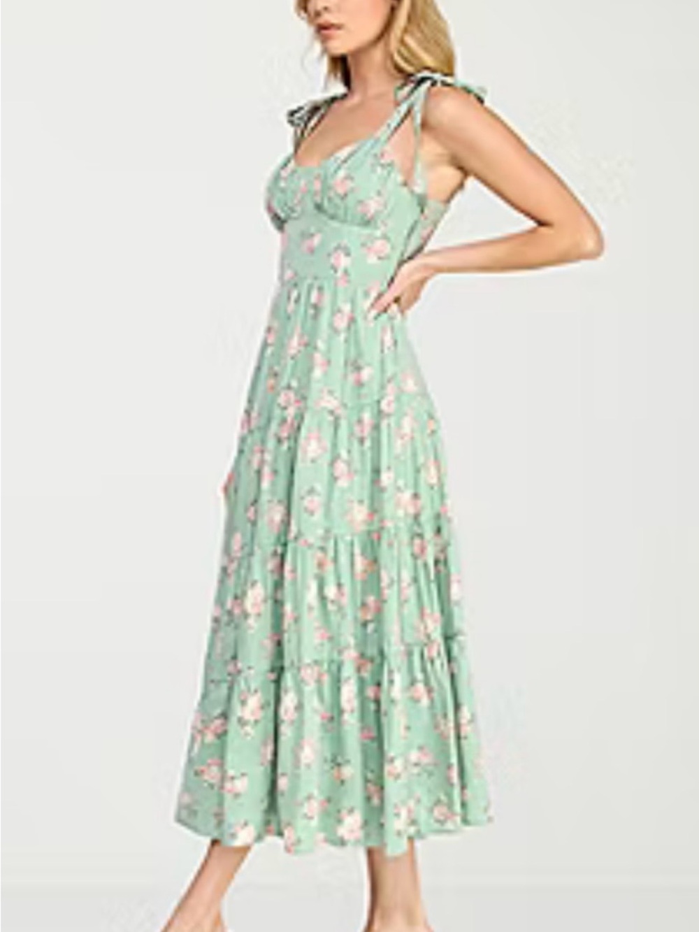 Trixxi Mint Green Floral Midi Dress with Pink Blossoms